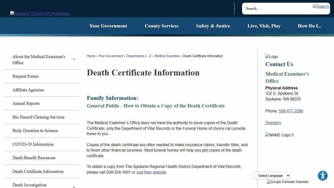Death Certificate Information Spokane County, WA